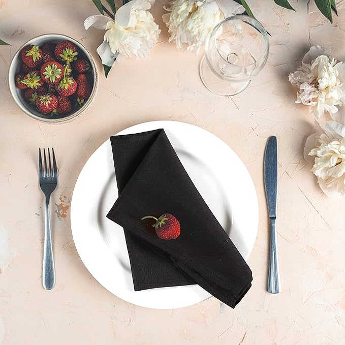 Ramanta Home Set of 12 Polyester Cloth Napkins 18x18 Inches - Washable Dinner Napkins with Hemmed Edges for Weddings, Thanksgiving, Hotel - Soft Durable Table Linen for Parties or Everyday Use - Black