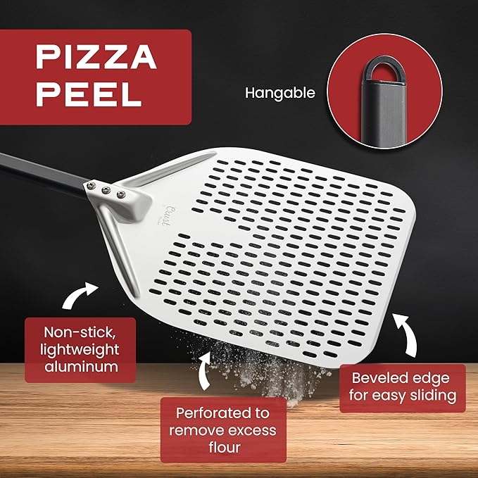 CrustMaster Pizza Peel Set - 12x14" Rectangular Peel, 9" Round Turning Peel, Brass Brush, Ash Rake - Perfect Pizza Oven Accessories for Ovens & BBQ - Pizza Pan - Aluminum & Stainless Steel Tools