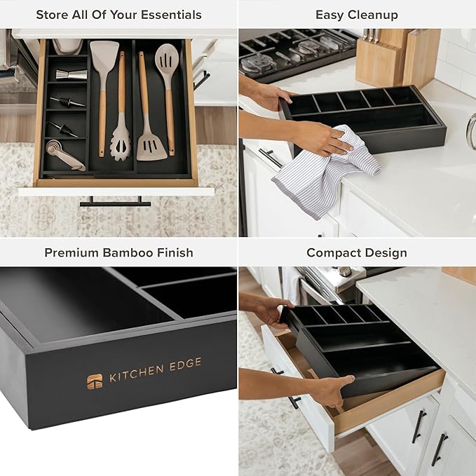 KitchenEdge Adjustable Kitchen Drawer Organizer for Utensils and Junk, Food-Safe Contract Grade with 100% Sustainable Wood, Expandable from 10.5 to 19 Inches Wide - Black Bamboo