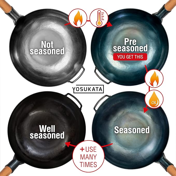 YOSUKATA 13.5” Blue Carbon Steel Wok Pan – Pre-Seasoned Flat Bottom Wok Compatible with open fire, gas, electric, ceramic, induction cooktops -Traditional Chinese Pan for Stir Fry, BBQ, Grill, Camping
