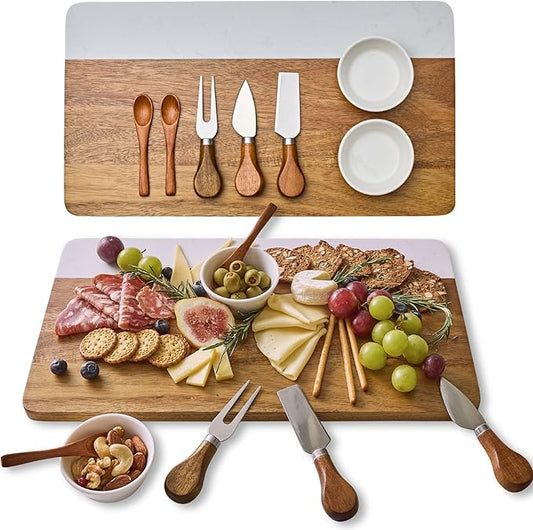 Marble Acacia Charcuterie Board Set (Premium Design Not Bamboo) – Cheese Platter Meat and Cheese Tray Medium Board for Small Gatherings Elegant Cheeseboard Gift