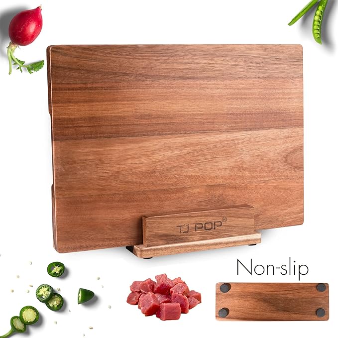 TJ POP Acacia Wood Cutting Board for Kitchen, Premium Wooden Chopping Board with Stand Organizer and Built-in Handle, 15.8 x 11.9 x 1 Inches Butcher Block Large Cheese Serving Board