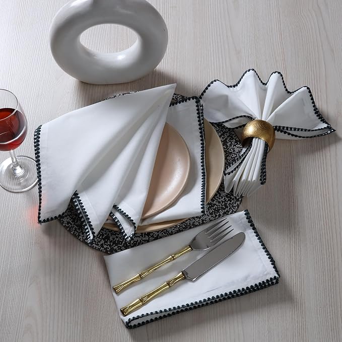 Bedding Craft Cotton Cloth Dinner Napkins Set of 12 – 18x18 Magical Forest Green Napkins with Colored Edge Embroidery – Durable Reusable Wedding Napkins for Dining Table Décor, Banquets & Restaurants