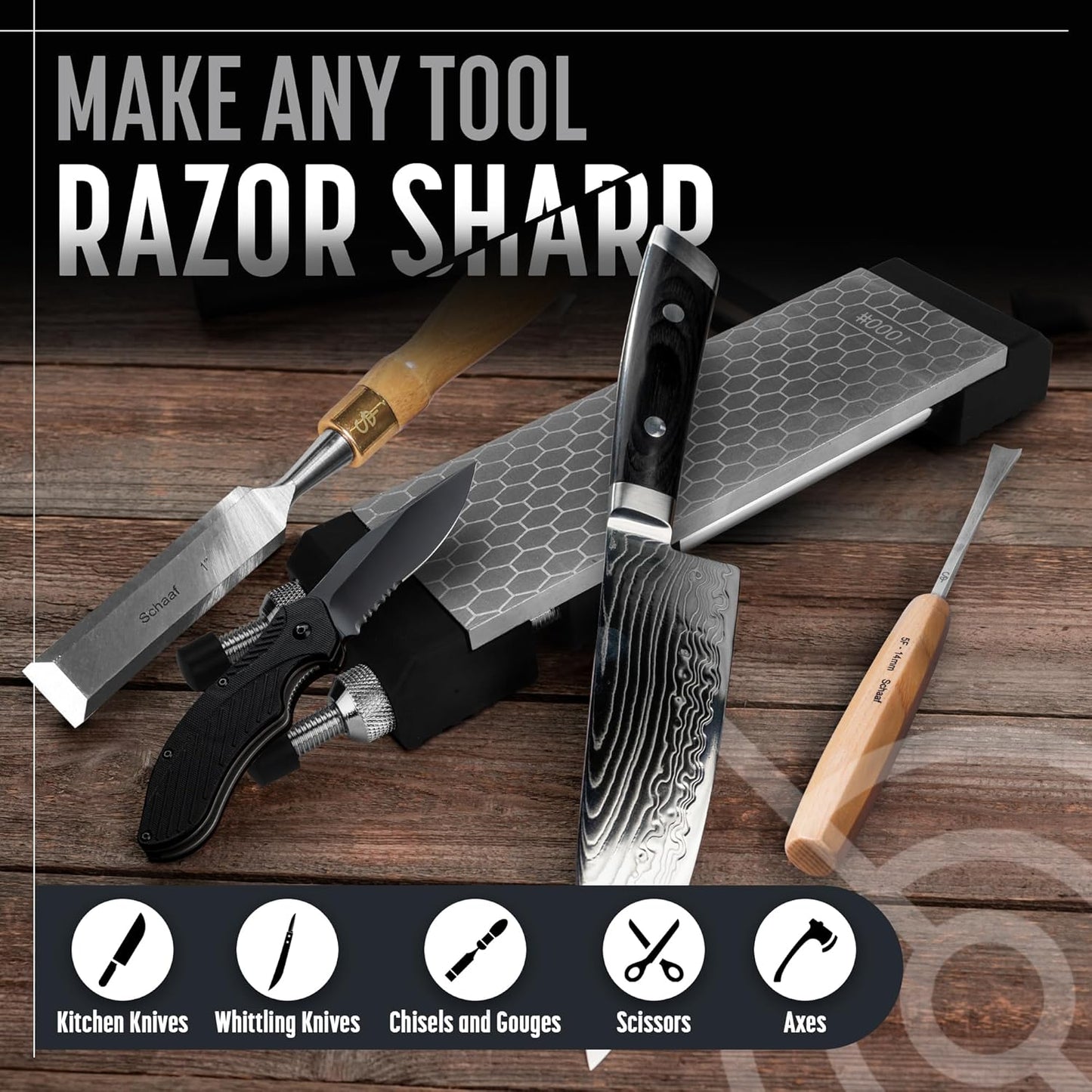 Heavy Duty Diamond Sharpening Stone Set, 2-Sided Fine 1000 Grit/Coarse 400 Grit Sharpening Plate, Fast & Efficient Knife Sharpener for Razor Sharp Knives and Chisels from Schaaf Tools