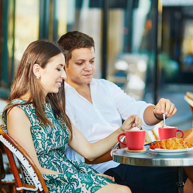 Hasense Cappuccino Cups with saucers, 6 Ounce Ceramic Coffee Mugs Set of 6 Perfect for Espresso, Specialty Coffee Drinks, Latte, Cafe Mocha and Tea, Red