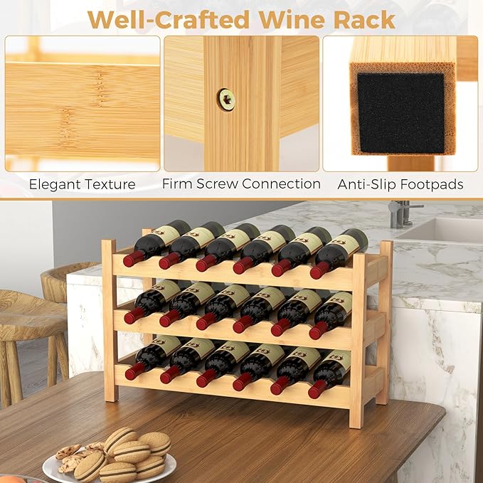 COSTWAY 3-Tier Bamboo Wine Rack, 18-Bottle Tabletop Wine Holder with Wave Slot, Freestanding Countertop Wine Bottle Organizer for Kitchen, Pantry, Pub & Wine Cellar, Natural