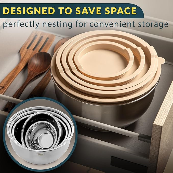 Baker's Signature Stainless Steel Mixing Bowls with Lids Set, 5 Sizes, 3 Graters, Non-Slip Base, Airtight Lids, Metal Mixing Bowls for Kitchen, Food Prep, Storage, 0.63QT-5QT, Khaki