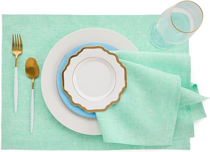 Solino Home Linen Cloth Napkins Set of 4-100% Pure Linen Chambray Aqua Dinner Napkins 20 x 20 Inch - Athena, Handcrafted and Machine Washable
