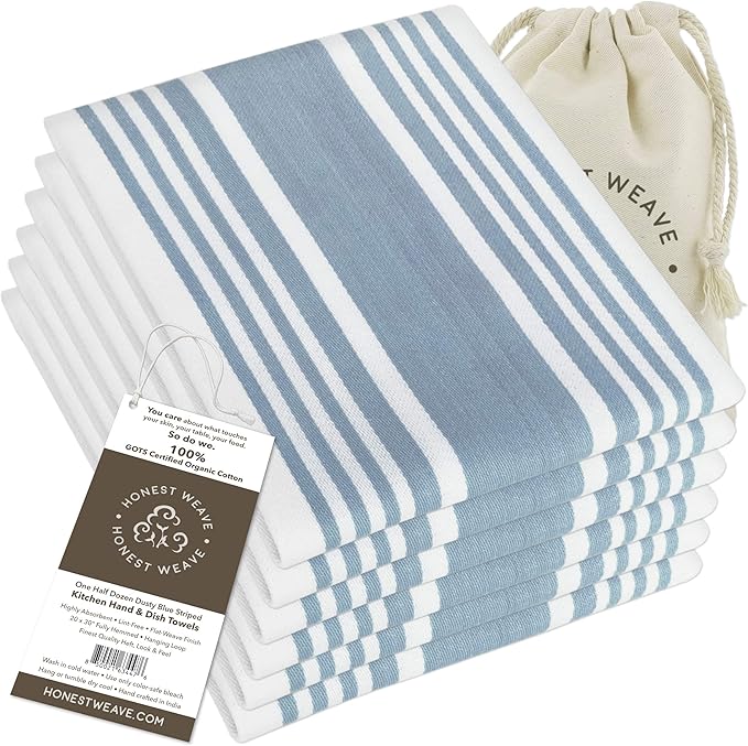 GOTS Certified Organic Cotton Kitchen Hand and Dish Towel Sets - Oversized 20x30 inches, Fully Hemmed, in Designer Colors, 6-Pack, Dusty Blue Stripe
