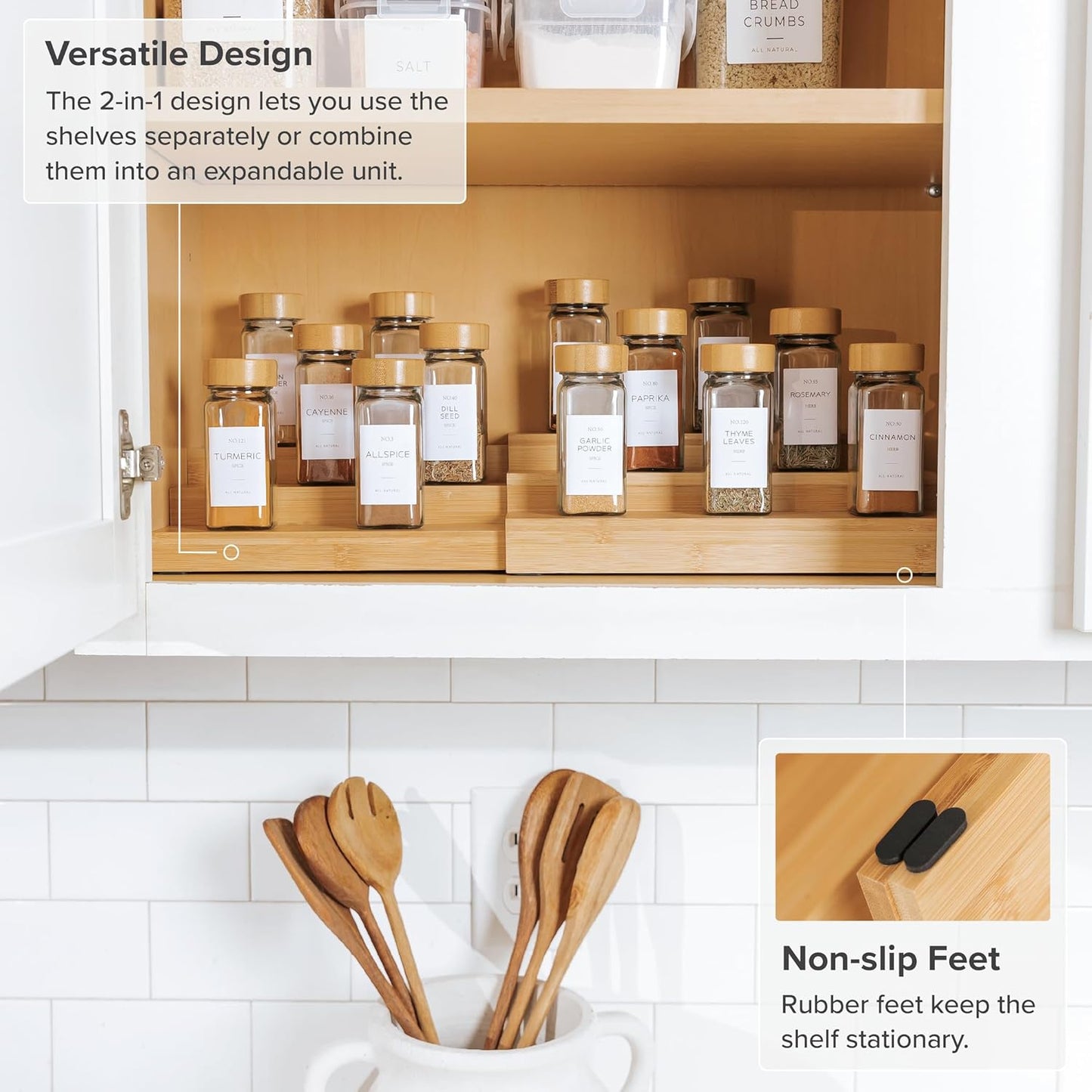 KitchenEdge Expandable Spice Rack Organizer for Cabinet, 3-Tier Shelf for Spice Organization (11” to 22”), Fits 36 Spice Jars, Seasoning and Pantry Storage, Non-Slip Feet, 100% Bamboo Wood