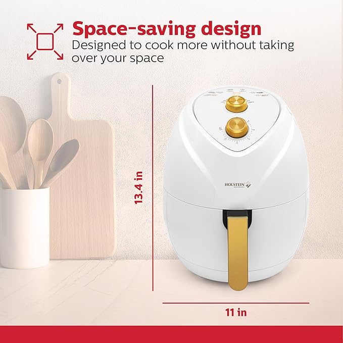 Holstein Housewares 4.8QT Air Fryer Golden Elegance. Hot Air Technology & PFOA Free Non Stick Coating for Less Oil Use with Led Display. No Pre Heating, Fry, Bake, Grill and Roast. White & Gold
