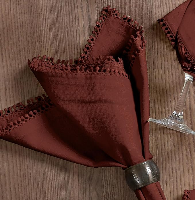 Bedding Craft Cotton Cloth Dinner Napkins Set of 12 – 18x18 Chili Oil with Decorative Lace Selvedge – Reusable Machine Washable Fabric Napkins for Weddings, Baby Showers, Parties & Table Décor