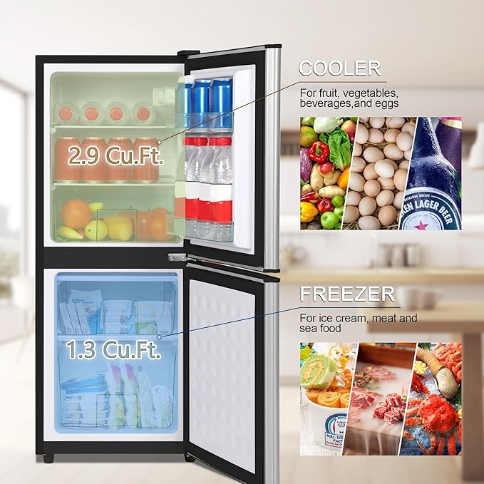 Compact Refrigerator with Freezer 4.2 Cu. Ft. 2-Door Dorm Fridge with Adjustable 7-Level Thermostat, Small Refrigerator with Freezer for Home, RV, College Dorm, Apartment, Office, Silver