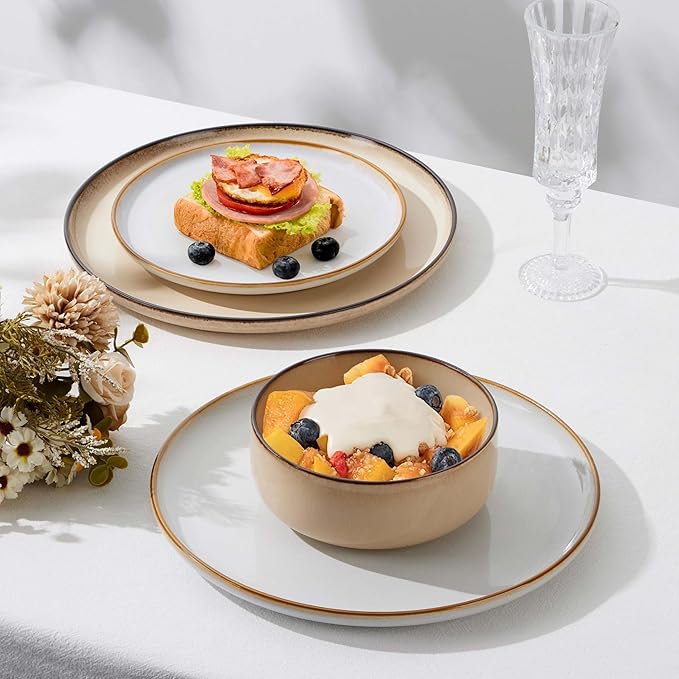 Herogo 12 Pieces Stoneware Dinnerware Dishes Set for 4, Kitchen Dining Plates and Bowls Sets, Double Reactive Glaze, Microwave & Dishwasher Safe, Scratch Resistant, Ivory White & Cream Khaki