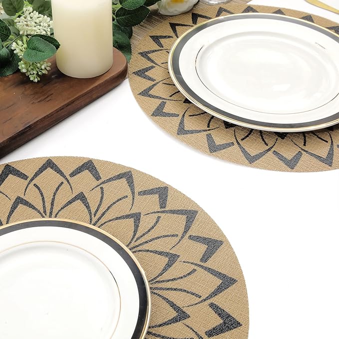 SHACOS 15 inch Round Vinly Placemats Set of 6 Boho Flower Print Place Mats Wipeable Non Slip Stain Heat Resistant Woven Table Mats Indoor Outdoor (6, Round Flower Black)