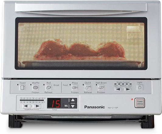 Panasonic FlashXpress Toaster Oven Countertop, 4-Slice Compact Size with Double Infrared Heating, 6 Auto Cook Options and Precise Temperature Control, 1300W - NB-G110P (Silver)
