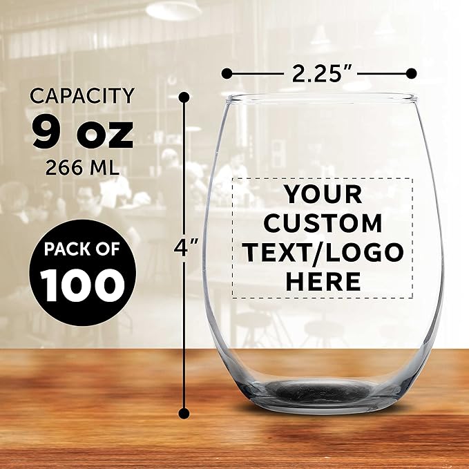 Custom Stemless Wine Glass 9 oz. Set of 100, Personalized Bulk Pack - Great for Wedding Favors, Bachelorette Party Decorations, Party Fovors, Color Bottom - Black