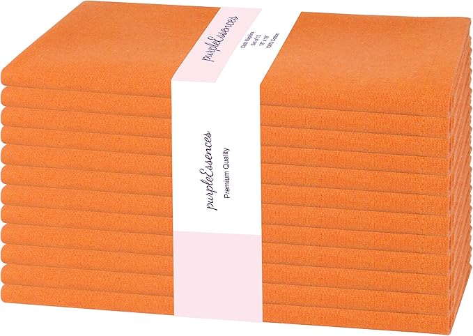 PurpleEssences Set of 12 Cloth Dinner Napkins 100% Cotton 18x18 Inch - Soft Durable Washable - Ideal for Farmhouse Party Fall Thanksgiving - Perfect Everyday Use Table Linen - Orange