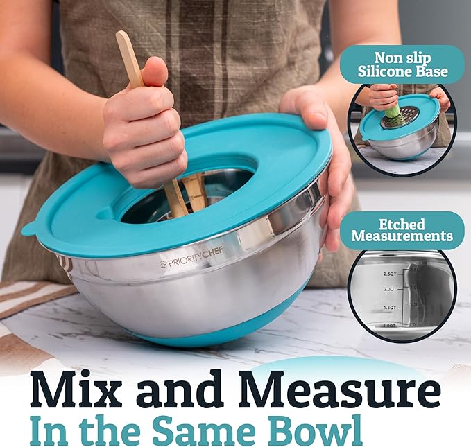 Priority Chef 6Pc Large Mixing Bowls With Lids Set with Non-Slip Bases, Stainless Steel Mixing Bowl Set, 6 Airtight Lids and 3 Graters, Turquoise