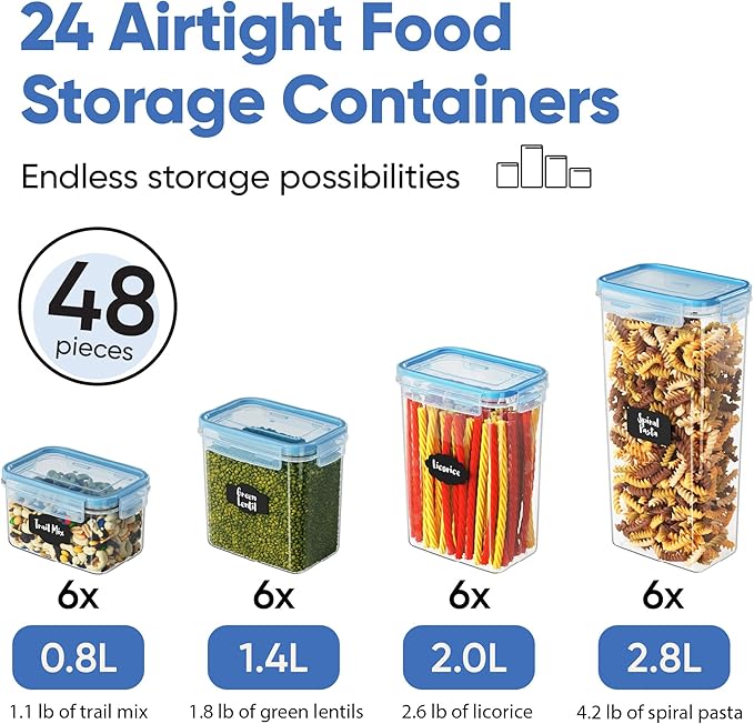 Chef's Path Airtight Food Containers with Lids (24 Pack - Blue) Kitchen Pantry Organization - BPA Free Food Storage Organizers for Cereal, Brown Sugar, Dry food - With Marker, Labels & Spoons