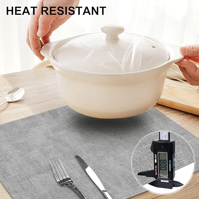 homing Faux Leather Heat Resistant Placemats 4 Packs, Waterproof Wipeable Dining PU Place Mats for Indoor & Outdoor, Easy to Clean, Light Grey