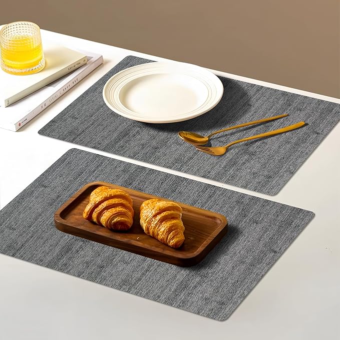 Vinyl Placemats Set of 6-12×17.7 Inch Waterproof & Heattable Placemats, Fall Faux Leather Wipeable Outdoor Table Mat for Dining, Kitchen, Indoor Outdoor Use (Grey, Wood Grain)
