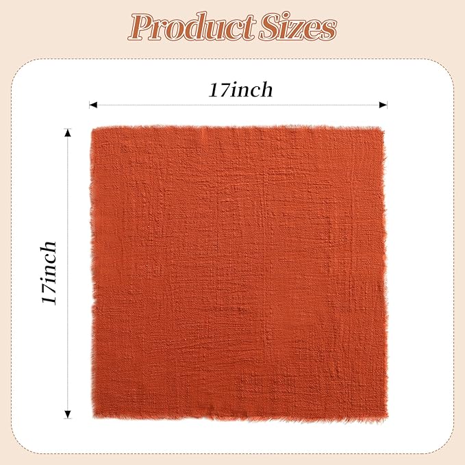 Handmade Cloth Napkins with Fringe, 100% Cotton Napkins, Delicate Handmade Linen Napkins for Dinners, Parties, Weddings and More, 17 x 17 Inch Set of 12 - Orange
