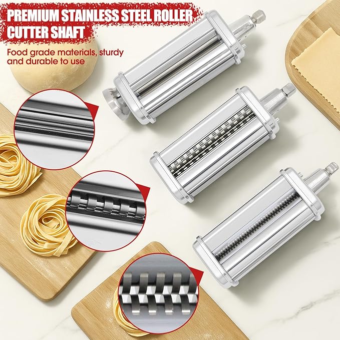 Pasta Maker Attachments Set for all KitchenAid Stand Mixer Included Pasta Sheet Roller （SU304）,8 Adjustable Thickness Settings Perfect for Spaghetti, Fettuccini, Lasagna or Dumpling Skin Silver