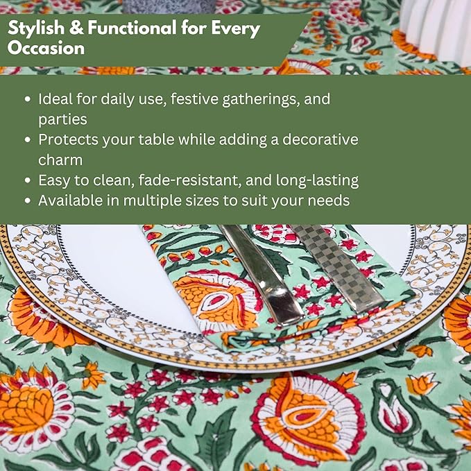 Handblock Print Cotton Tablecloth – 60x60 Square Table Cover Seats 6–8 – Indian Block Printed Floral Dining Table Linen – Boho Washable Cloth for Kitchen, Party, Outdoor (Forest Green)