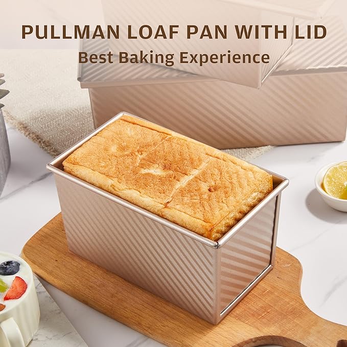 KITESSENSU Pullman Loaf Pan with Lid 2 Pack, 1 lb Dough Capacity Non-Stick Bakeware for Baking Bread, Carbon Steel Corrugated Bread Toast Box Mold with Cover for Baking Bread, Gold