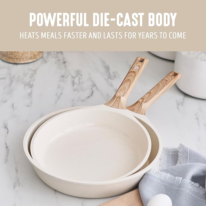 GreenLife Nonstick 2 Piece Frying Pan Set, 9.5" & 11" Skillets Ceramic PFAS-Free Nontoxic, Induction Suitable, Wood Print Handles, Stay-Cool Handles, Deep Cooking Skillets, Egg Pan, Granite Cream