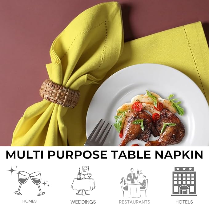 Bedding Craft Hemstitched Cotton Cloth Dinner Napkins Set of 12 – 18x18 Golden Kiwi – Reusable Machine Washable Fabric Napkins for Weddings, Thanksgiving, Christmas & Events