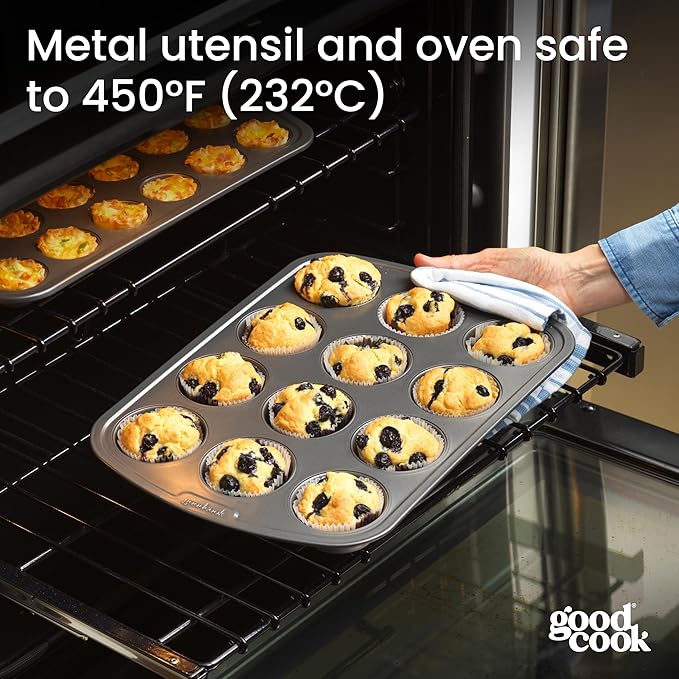 GoodCook Set of 2 Everyday Nonstick 12 cup standard and 24 cup mini Muffin Pan, Gray