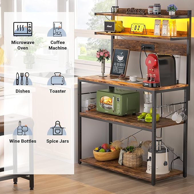 Aheaplus Bakers Rack with Power Outlet, Microwave Stand, 5 Tiers Coffee Bar Station with Led Lights, Kitchen Storage Shelf with 6 S-Shaped Hooks, Kitchen Rack Coffee Bar Stand, Rustic Brown