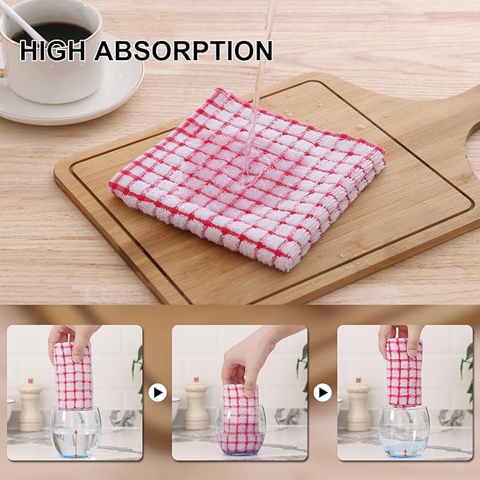 Kitinjoy Cotton 8 Pack Terry Kitchen Dish Cloths, 12 x 12 Inches Super Soft and Absorbent Dish Rags, Quick Drying Dish Towels for Washing Dishes, Red