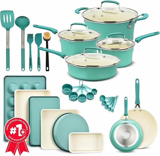 Pots and Pans Set, 23-Piece Non Stick Cookware & Bakeware Sets with Plaid Pattern, Stackable Design, Dishwasher Safe, Stain-resistant, Oven & All-Stove Safe, Tempered Glass Lid, Aqua
