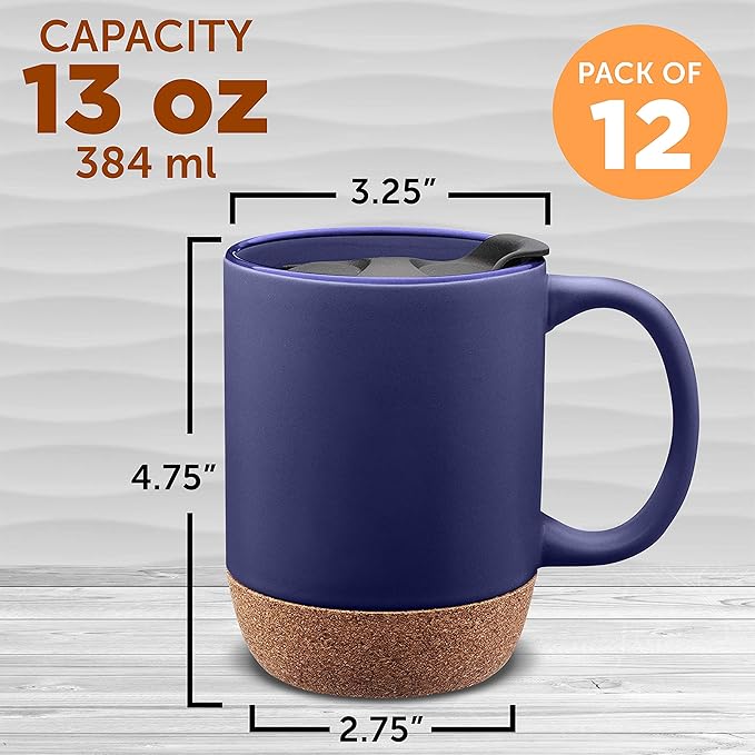 DISCOUNT PROMOS Barista Ceramic Mugs with Cork Bottom 13 oz. Set of 12, Bulk Pack - Perfect for Coffee, Tea, Espresso, Hot Cocoa, Other Beverages - Blue