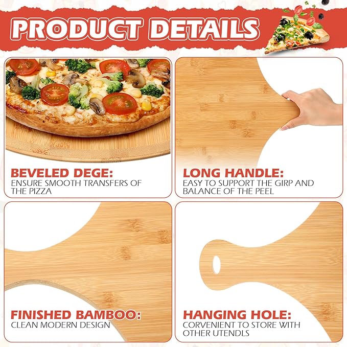 Norme 6 Pcs Bamboo Pizza Peel Set, Wooden Pizza Paddle with Handle, Wood Cutting Board, Oven Accessory for Breads, Cheese, Fruit, Vegetables, Kitchen Accessories(16.5 x 12 Inch)