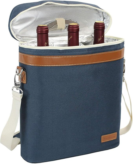 ZORMY 3 Bottle Insulated Wine Tote Cooler Bag, Portable Carrier with Corkscrew Opener and Shoulder Strap for Beach Travel Picnic, Unique Gift for Wine Lovers Navy Blue