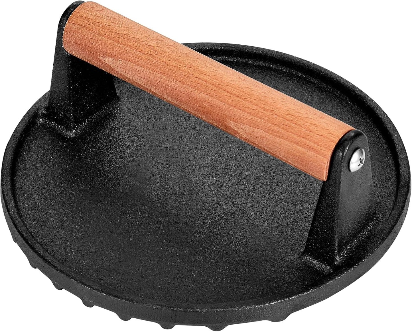 Smashed Burger Press, 7” Round Heavy-Duty Cast Iron Smash Meat Steak with Wooden Handle for Blackstone Griddle, Juicy and Crispy Burgers for BBQs, Cookouts