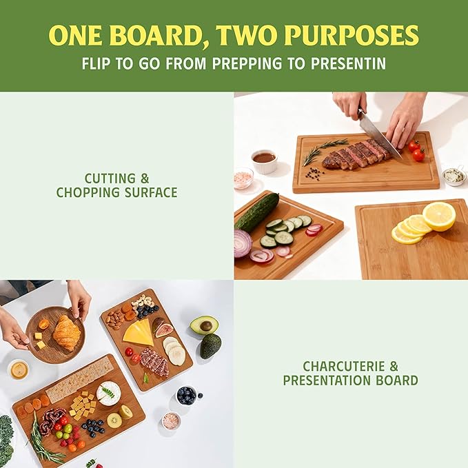 Carbonized Bamboo Cutting Board Set of 3 with Holder – Natural Reversible Kitchen, Charcuterie & Cheese Boards – Holiday Hosting Essentials. (S M L with Holder)