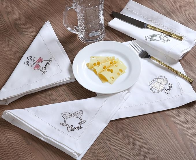 Bedding Craft Cotton Cloth Dinner Napkins Set of 12 – 18x18 Embroidered Motif with Decorative Hemstitch – Machine Washable Fabric Napkins for Weddings, Baby Showers, Christmas & Parties