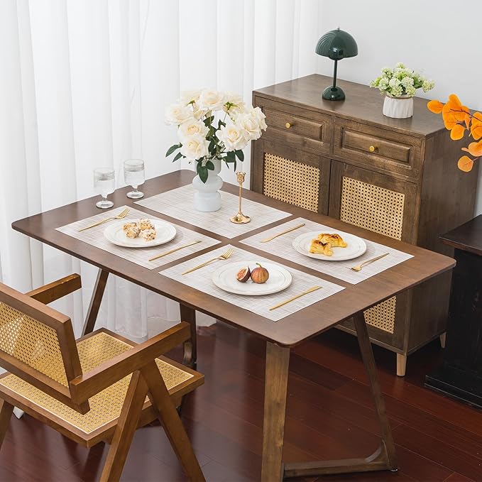 BACKTOEDEN Placemats Set of 6 Heat Resistant Washable Wipeable Placemat Woven Non-Slip Foldable Vinyl/Plastic Place Mats Indoor/Outdoor Mat Kitchen Dining Table Pad, Beige