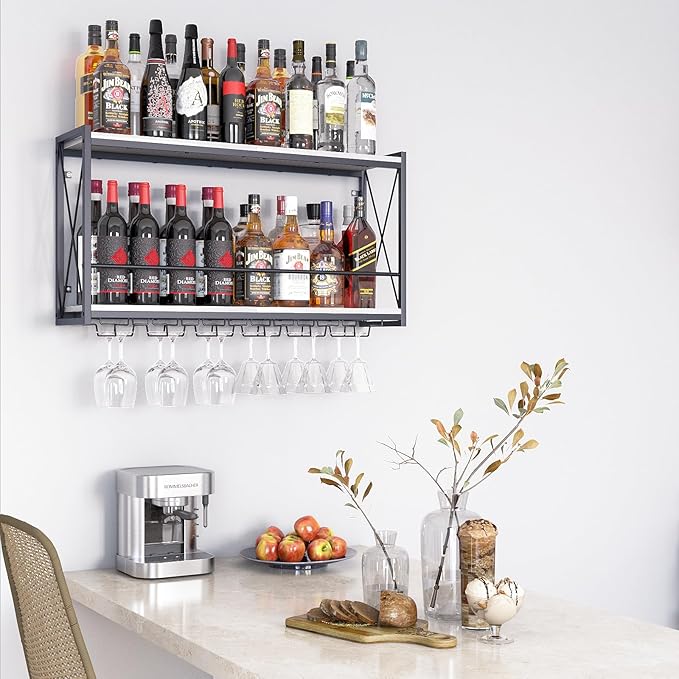 Dokser Wine Rack Wall Mounted Shelf - 2 Tier, Rustic Wood & Industrial Iron Frame Wine Bottle Holder for Kitchen, Dining Room, Home Bar Decor (White)