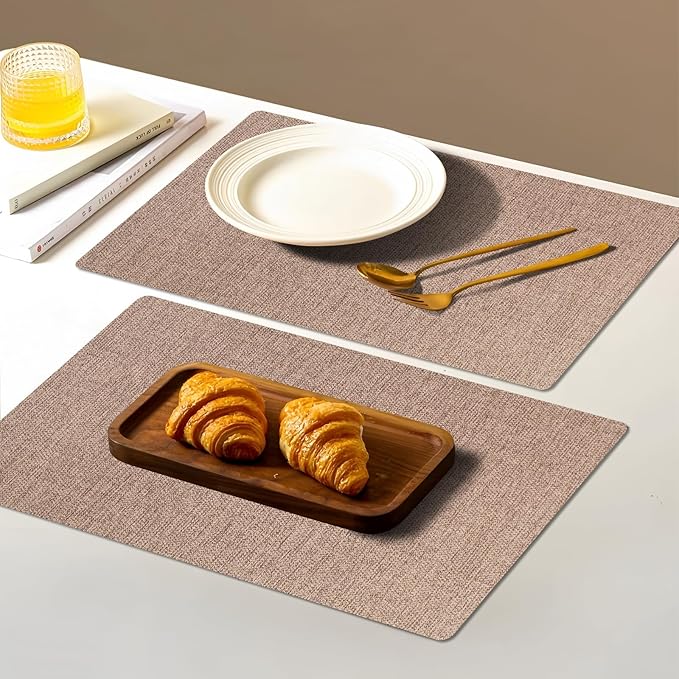 Vinyl Placemats Set of 6-12×17.7 Inch Waterproof & Heattable Placemats, Fall Faux Leather Wipeable Outdoor Table Mat for Dining, Kitchen, Indoor Outdoor Use (Brown, Linen Texture)