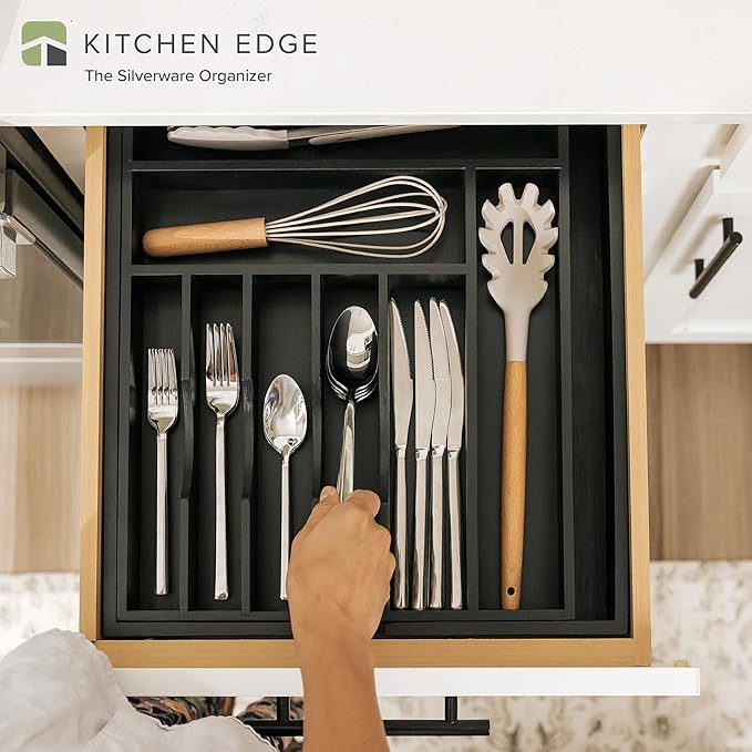 KitchenEdge Premium Silverware, Flatware and Utensil Organizer for Kitchen Drawers, Food-Safe Contract Grade, Expandable from 14.5 to 25 In, Black Bamboo