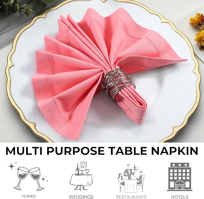 Bedding Craft Cotton Cloth Dinner Napkins Set of 12 – 18x18 Dianthus Pecan Hemstitched – Reusable Machine Washable Fabric Napkins for Weddings, Parties & Everyday Dining