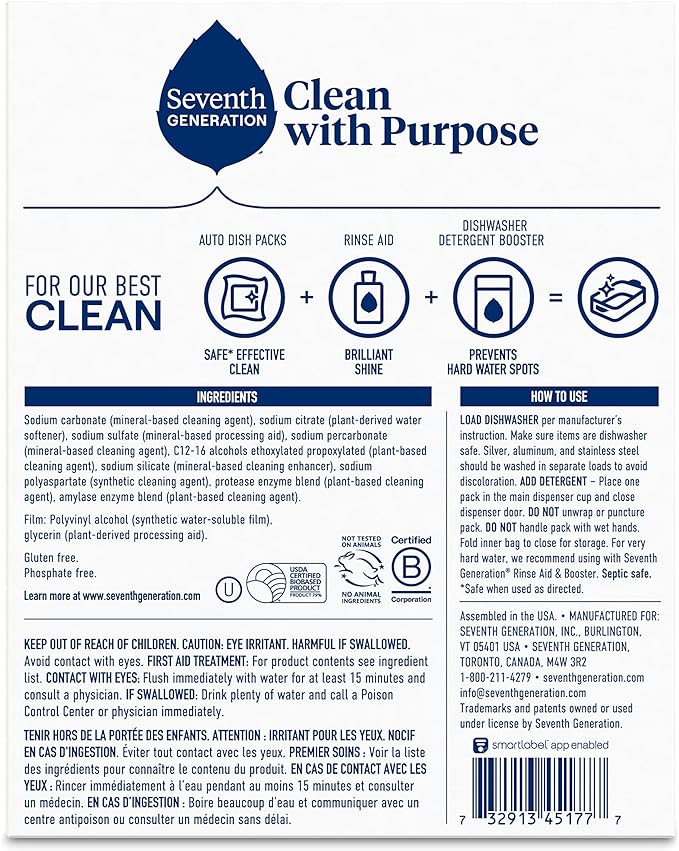 Seventh Generation Dishwasher Detergent Packs Free & Clear Pack of 2 for sparkling dishes Dishwasher tabs 45 count