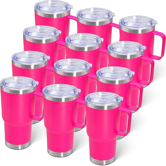 20 oz Tumbler with Handle and Lid, Stainless Steel Tumbler Insulated Travel Coffee Mug, Spill Proof Double Wall Vacuum Tumbler Cup Keep Drink Hot & Cold, Hot Pink, 12 Pack