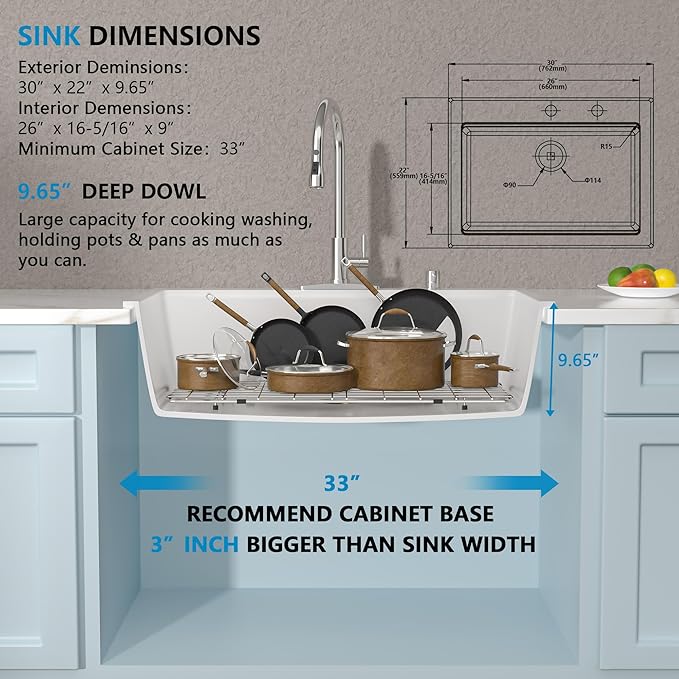 30"x22" Granite Composite Kitchen Sink – White Ledge Workstation Drop-In Topmount Granite Quartz Classic Single Bowl Sink Basin